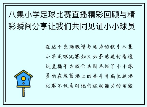 八集小学足球比赛直播精彩回顾与精彩瞬间分享让我们共同见证小小球员的成长与拼搏
